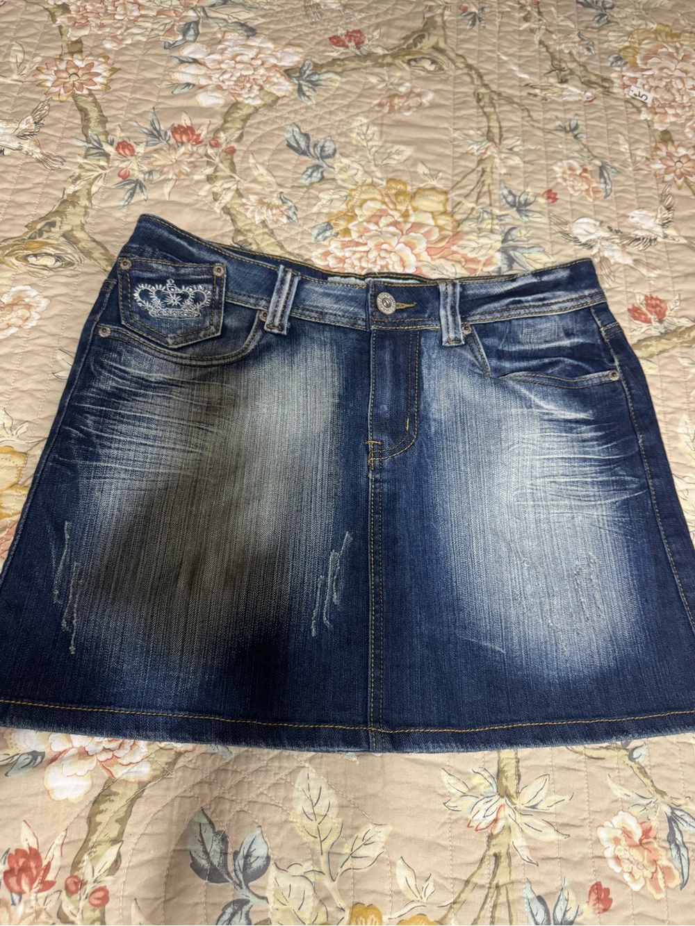 Washed Dark Blue Denim Mini Skirt - Embroidered Pocket Detail